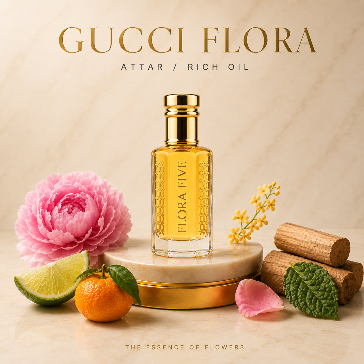 Gucci Flora inspired unisex attar by Flora Five — alcohol-free perfume oil: gold-capped bottle of golden oil on a marble pedestal with a pink peony, mandarin and lime – 3, 6 and 12 ml